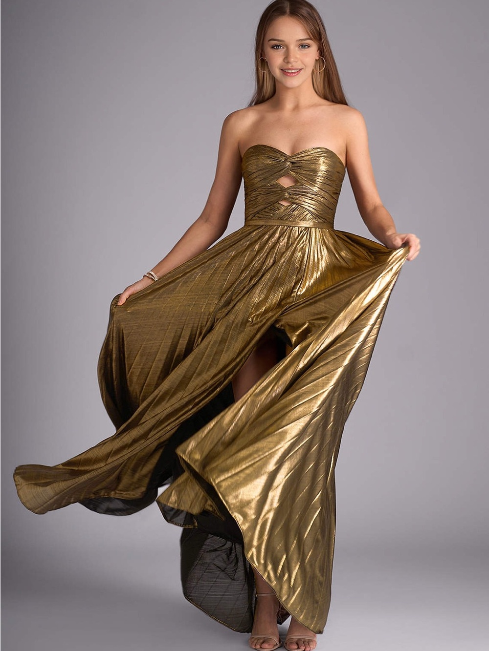 Azazie Strapless Metallic Gold Gown with Sweetheart Bodice